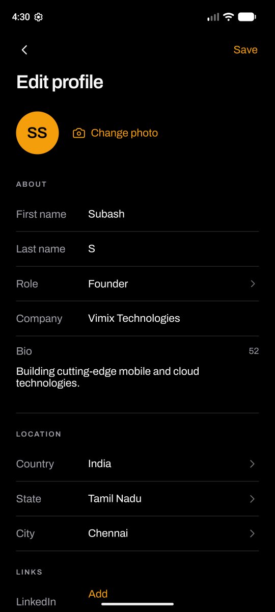 Edit profile screen with role and company fields