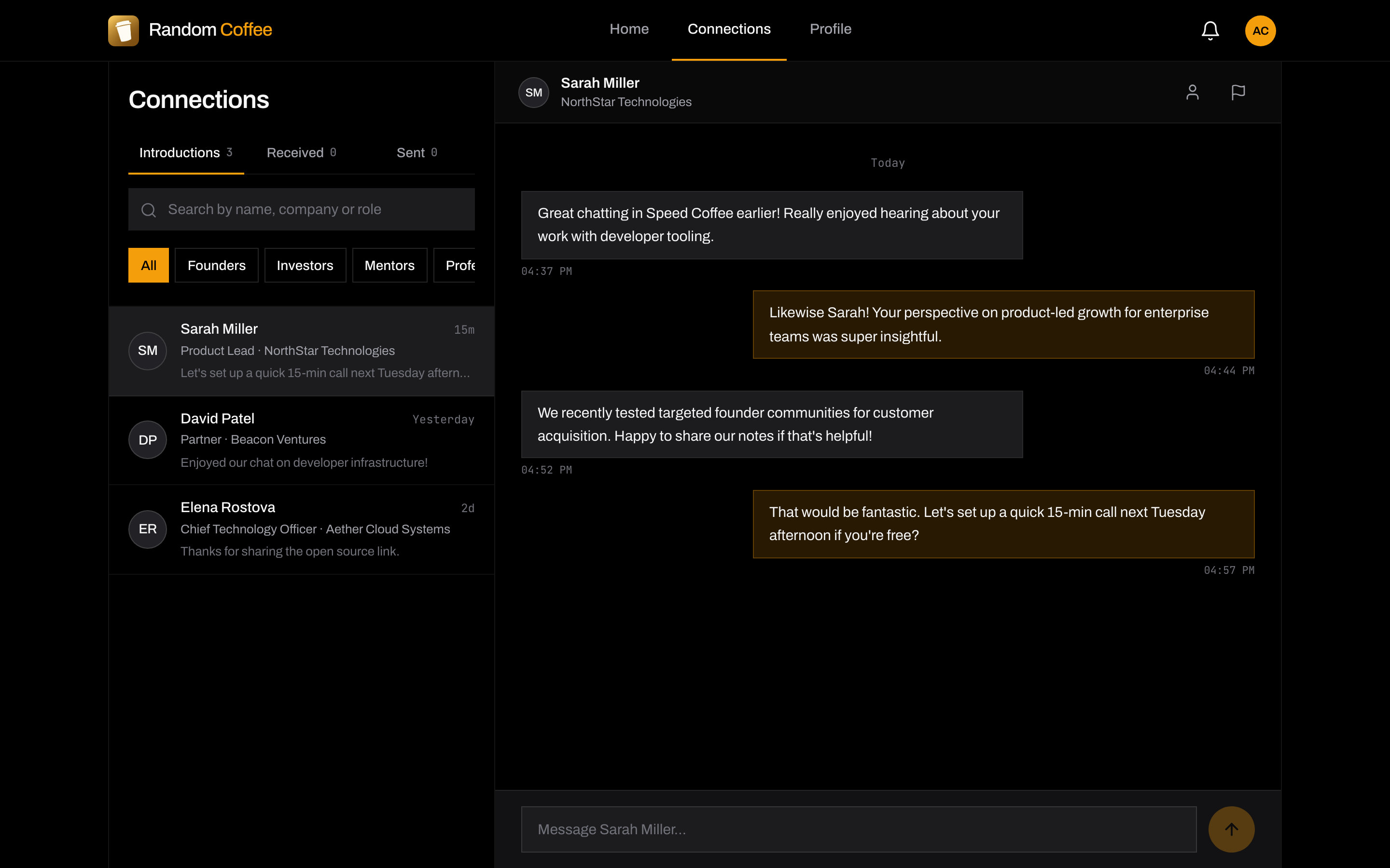 RandomCoffee web app connections list with a chat open