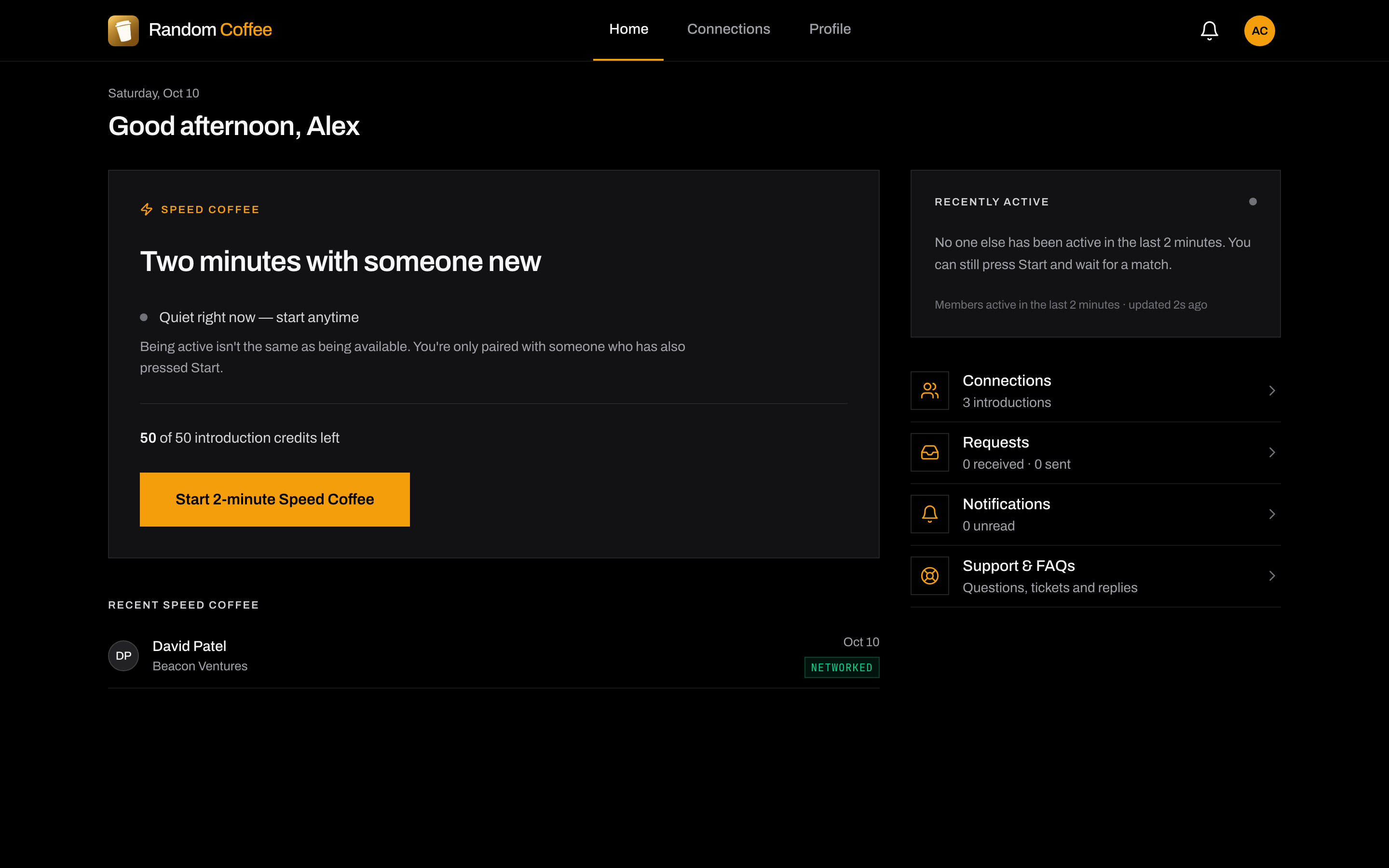 RandomCoffee web app home with the Speed Coffee Start button